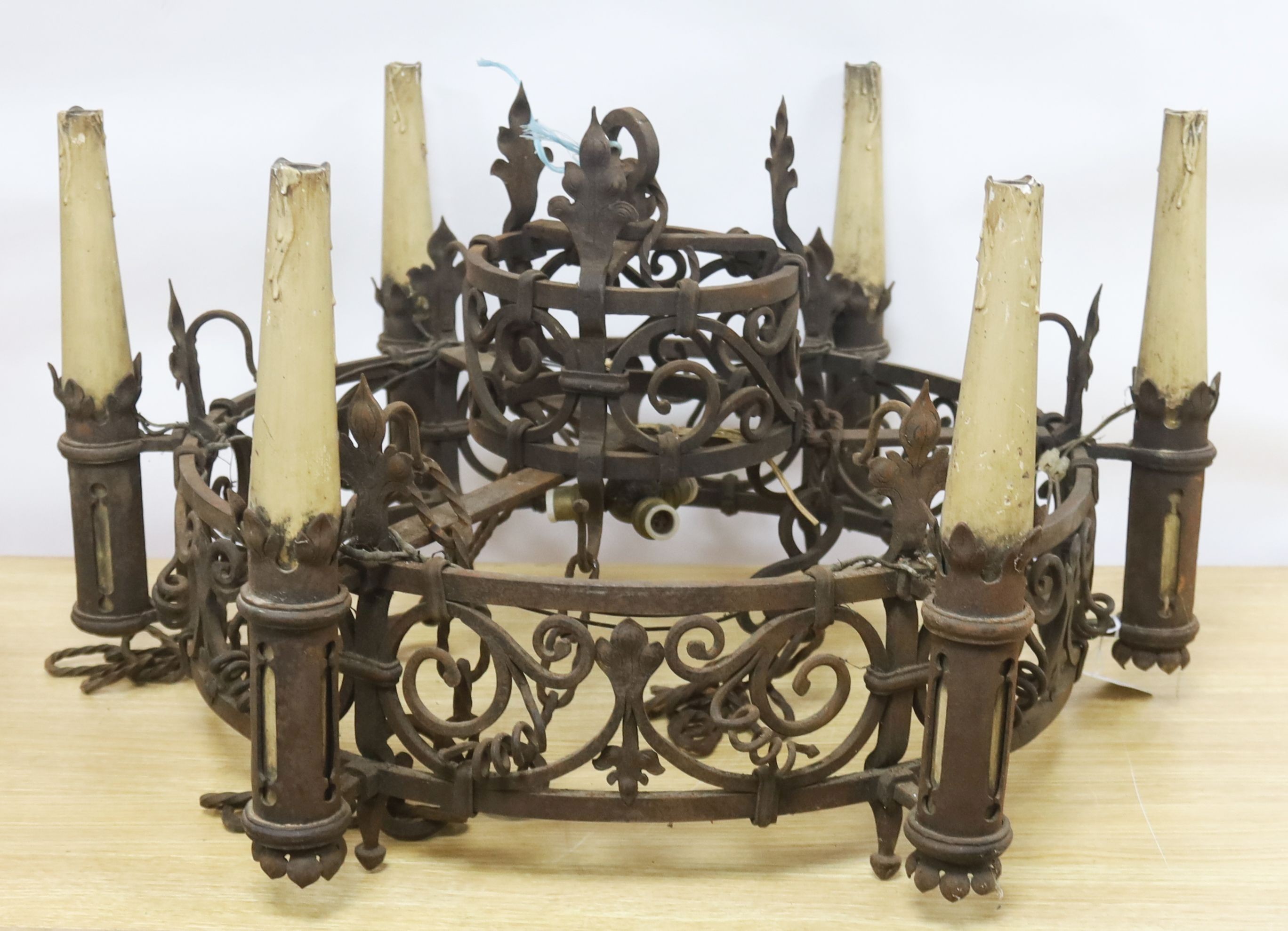 A Neo Gothic wrought iron six light ceiling light 75cm